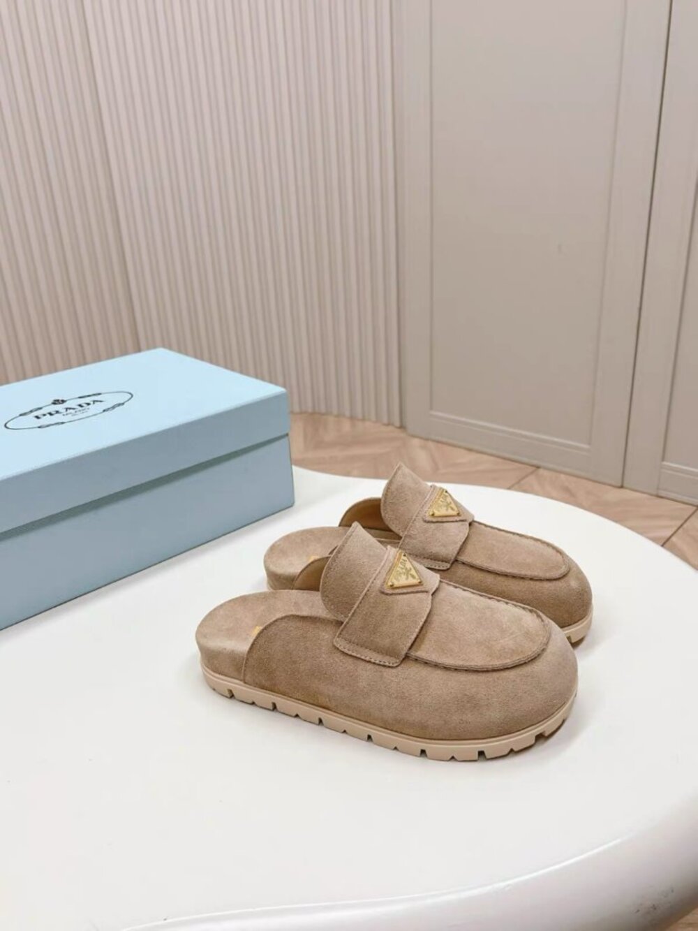 Prada Beige Suede Triangle Logo Mule Clogs
